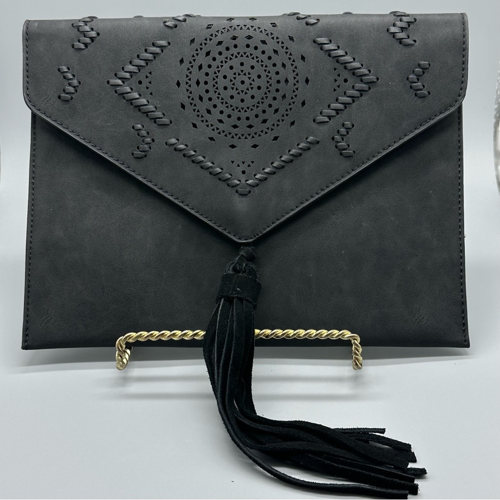 Anthropologie Black Faux Leather Boho Tassle Laser Cut Magnetic Fold Over Clutch